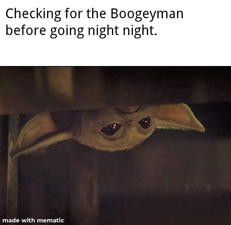 The meme is a humorous image of a character from the Star Wars franchise, Grogu (also known as Baby Yoda), peeking out from behind a door or curtain. The text above the image reads "In 2-3 sentences, describe this meme for someone who cannot see it." and "Checking for the Boogeyman before going to bed."